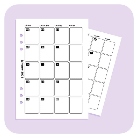 2026 Monthly Overview - A6 Organiser Insert